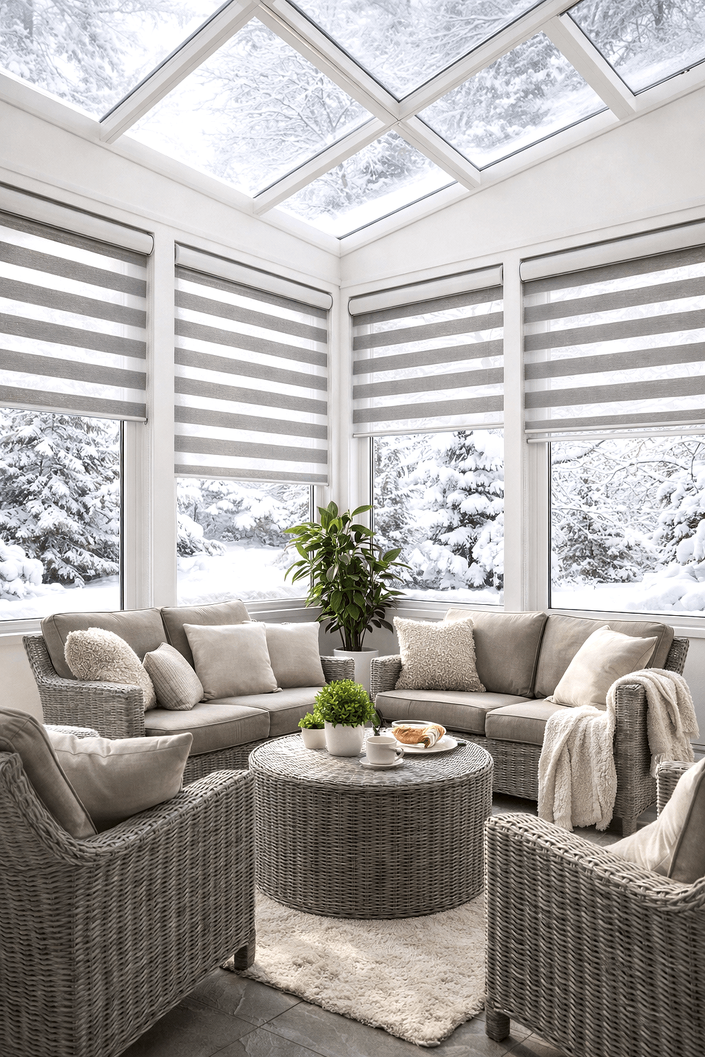 Kış bahçesinde zebra perde - tavan penceresi uygulaması